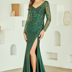 New long sleeve formal mother of the bride dress. Grey or emerald fitted party